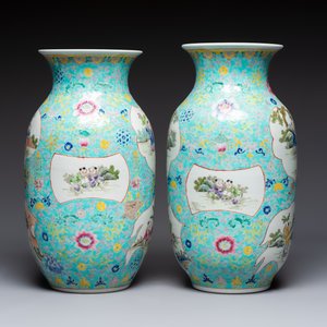 A pair of Chinese famille rose 'Playing Boys' vases, an 'Antiquities' vase and a vase with narrative design, Qianlong marks, 20th C. — photo 5