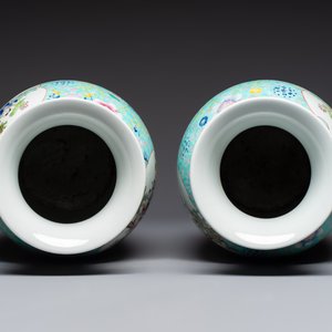 A pair of Chinese famille rose 'Playing Boys' vases, an 'Antiquities' vase and a vase with narrative design, Qianlong marks, 20th C. — photo 6
