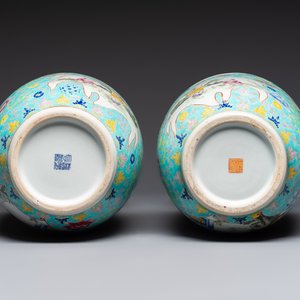 A pair of Chinese famille rose 'Playing Boys' vases, an 'Antiquities' vase and a vase with narrative design, Qianlong marks, 20th C. — photo 7