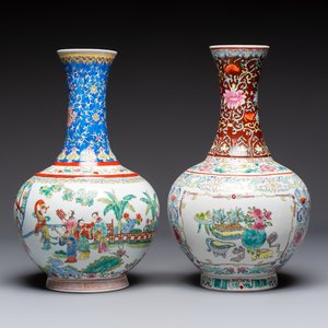 A pair of Chinese famille rose 'Playing Boys' vases, an 'Antiquities' vase and a vase with narrative design, Qianlong marks, 20th C. — photo 8