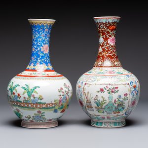 A pair of Chinese famille rose 'Playing Boys' vases, an 'Antiquities' vase and a vase with narrative design, Qianlong marks, 20th C. — photo 9