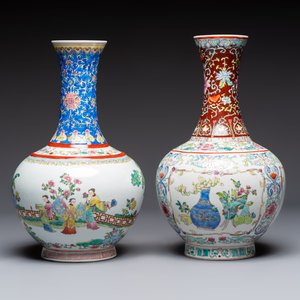 A pair of Chinese famille rose 'Playing Boys' vases, an 'Antiquities' vase and a vase with narrative design, Qianlong marks, 20th C. — photo 10