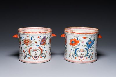 A pair of Chinese famille rose 'Pompadour' wine coolers, Qianlong