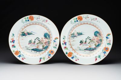 A pair of Chinese famille rose 'river landscape' dishes, Qianlong