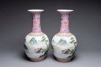 A pair of Chinese famille rose 'Riverscape' vases, Qianlong mark, 20th C.
