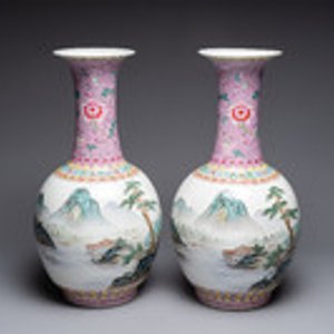A pair of Chinese famille rose 'Riverscape' vases, Qianlong mark, 20th C. — photo 1
