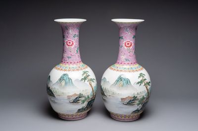 A pair of Chinese famille rose 'riverscape' vases, Qianlong mark, 20th C.