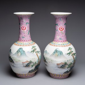 A pair of Chinese famille rose 'riverscape' vases, Qianlong mark, 20th C. — photo 1