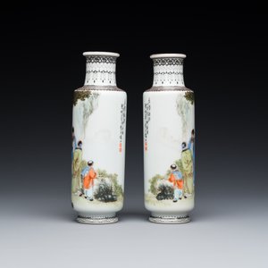 A pair of Chinese famille rose rouleau vases, signed Xiong Xiaofeng 熊曉峰, dated 1947 — 照片 2