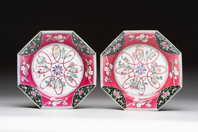 A pair of Chinese famille rose ruby-ground octagonal plates with floral design, Yongzheng