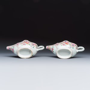 A pair of Chinese famille rose sauceboats with floral scroll design — photo 7