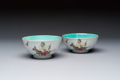 A pair of Chinese famille rose sgraffiato-ground 'Zhang Guolao' bowls, Daoguang mark and of the period