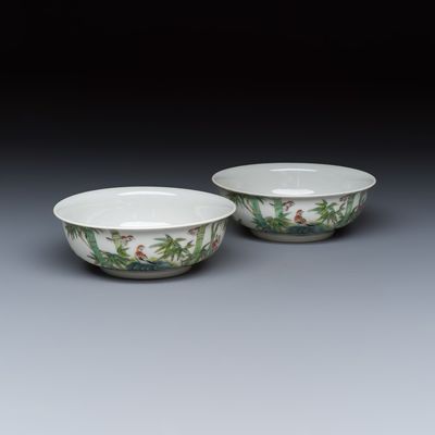 A pair of Chinese famille rose shallow bowls with birds among bamboo, and bats, Yongzheng mark, Republic
