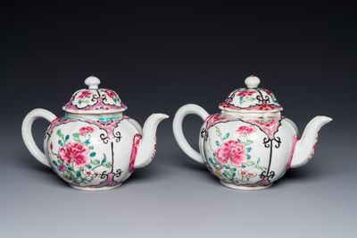 A pair of Chinese famille rose teapots with floral design, Qianlong