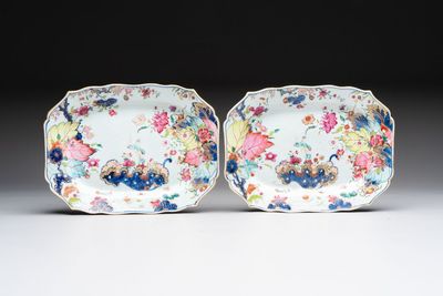 A pair of Chinese famille rose 'tobacco leaf' dishes with a lady on a lily pad, Qianlong