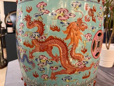 A pair of Chinese famille rose turquoise-ground 'dragon' garden seats, 20th C. — photo 14