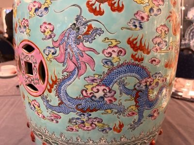A pair of Chinese famille rose turquoise-ground 'dragon' garden seats, 20th C. — photo 15