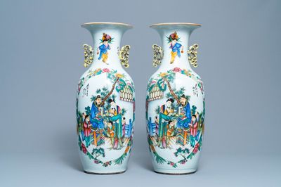 A pair of Chinese famille rose two-sided design vases, 19/20th C.