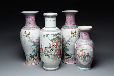 A pair of Chinese famille rose vases and two vases, Qianlong mark, 20th C.