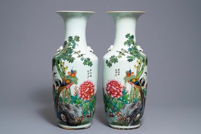A pair of Chinese famille rose vases with birds among flowers, 19/20th C.