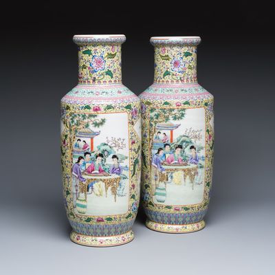 A pair of Chinese famille rose vases with figural design, Qianlong mark, 20th C.