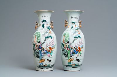 A pair of Chinese famille rose vases with ladies and boys in a garden, 19/20th C.