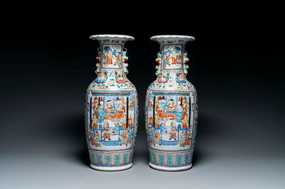 A pair of Chinese famille rose vases with narrative design, 19th C.