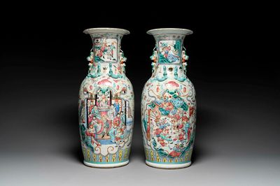 A pair of Chinese famille rose vases with narrative design, 19th C.