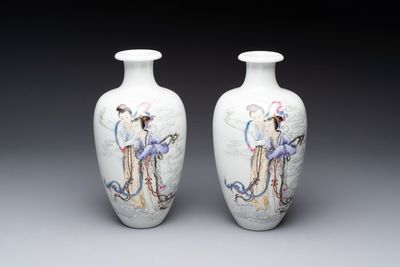 A pair of Chinese famille rose vases with two goddesses, Xi Ping Cao Lu 希平草廬 mark, Republic