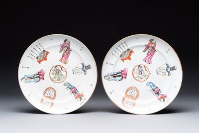 A pair of Chinese famille rose 'Wu Shuang Pu' plates, 19th C.