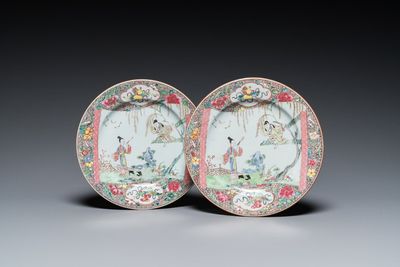 A pair of Chinese famille rose 'Xi Xiang Ji' plates, Yongzheng