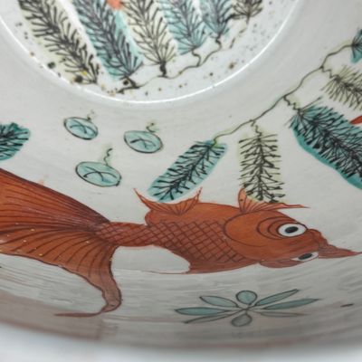 A pair of Chinese famille rose yellow-ground 'Antiquities' fish bowls with applied relief design — photo 17