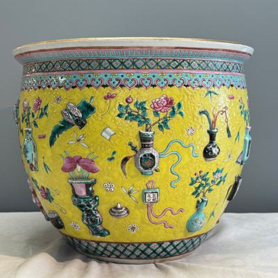 A pair of Chinese famille rose yellow-ground 'Antiquities' fish bowls with applied relief design — photo 28