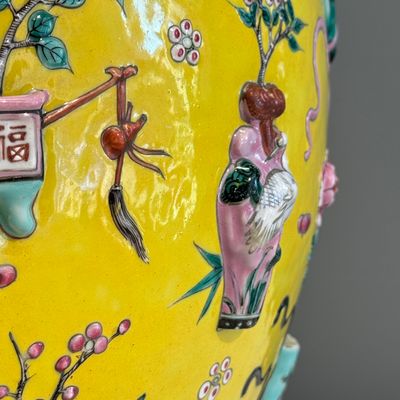 A pair of Chinese famille rose yellow-ground 'Antiquities' fish bowls with applied relief design — photo 30