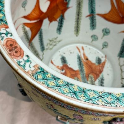 A pair of Chinese famille rose yellow-ground 'Antiquities' fish bowls with applied relief design — photo 33