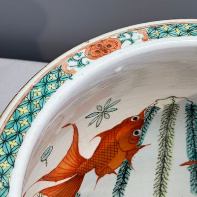 A pair of Chinese famille rose yellow-ground 'Antiquities' fish bowls with applied relief design — photo 34