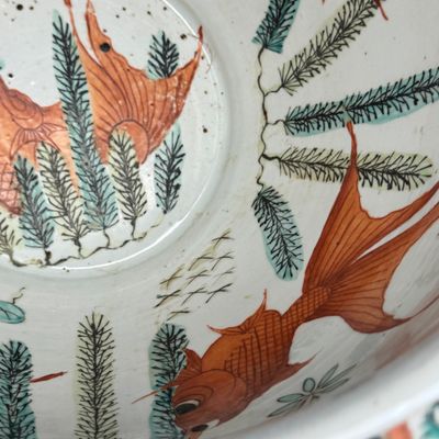A pair of Chinese famille rose yellow-ground 'Antiquities' fish bowls with applied relief design — photo 41