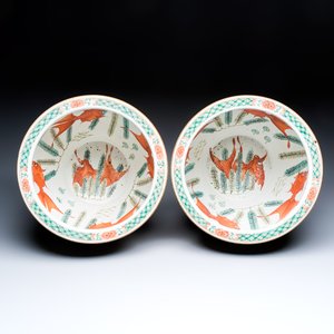A pair of Chinese famille rose yellow-ground 'Antiquities' fish bowls with applied relief design — photo 6