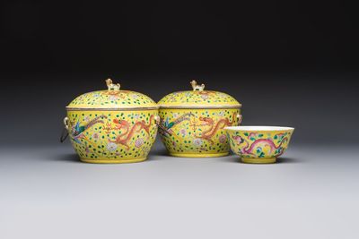 A pair of Chinese famille rose yellow-ground 'Dragon and Phoenix' covered warming bowls and a bowl, Tongzhi marks, 19th C.