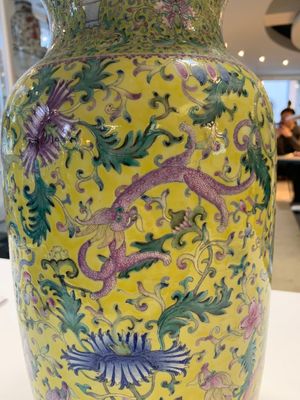 A pair of Chinese famille rose yellow-ground 'dragon' vases, Qianlong mark, Republic — photo 14