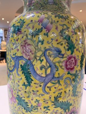 A pair of Chinese famille rose yellow-ground 'dragon' vases, Qianlong mark, Republic — photo 6