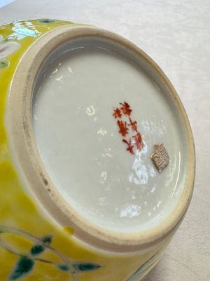 A pair of Chinese famille rose yellow-ground water pots with floral design and applied chilong and bats, Qianlong mark, 19/20th C. — 照片 11