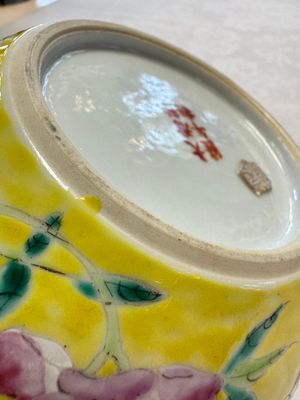 A pair of Chinese famille rose yellow-ground water pots with floral design and applied chilong and bats, Qianlong mark, 19/20th C. — 照片 15