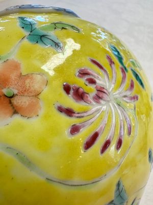 A pair of Chinese famille rose yellow-ground water pots with floral design and applied chilong and bats, Qianlong mark, 19/20th C. — 照片 16