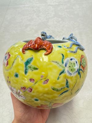 A pair of Chinese famille rose yellow-ground water pots with floral design and applied chilong and bats, Qianlong mark, 19/20th C. — 照片 20