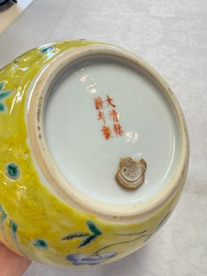 A pair of Chinese famille rose yellow-ground water pots with floral design and applied chilong and bats, Qianlong mark, 19/20th C. — 照片 25