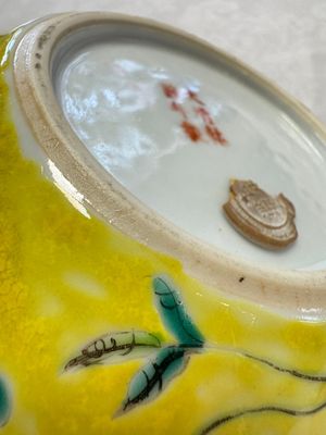 A pair of Chinese famille rose yellow-ground water pots with floral design and applied chilong and bats, Qianlong mark, 19/20th C. — 照片 26