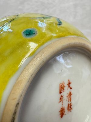 A pair of Chinese famille rose yellow-ground water pots with floral design and applied chilong and bats, Qianlong mark, 19/20th C. — 照片 27