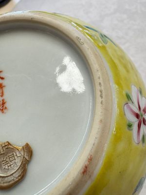 A pair of Chinese famille rose yellow-ground water pots with floral design and applied chilong and bats, Qianlong mark, 19/20th C. — 照片 29