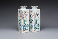 A pair of Chinese famille verte 'Antiquities' square vases, 19th C.